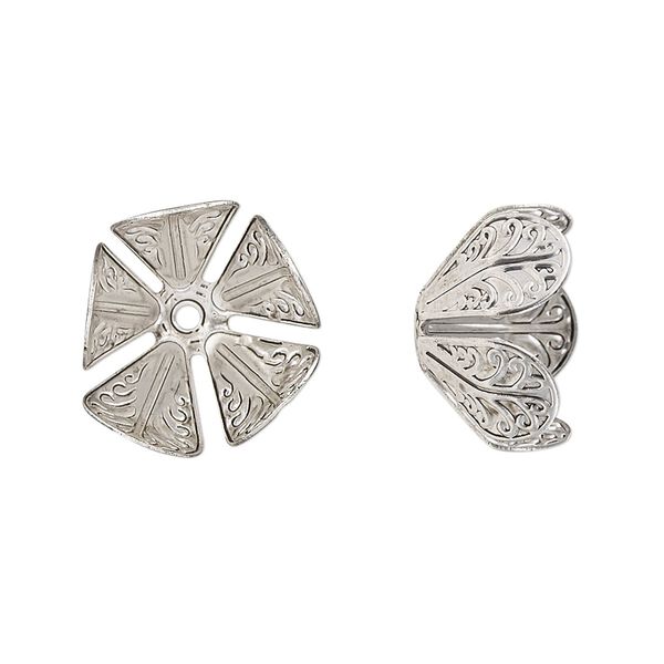 Bead cap, antique silver-finished copper, 16x10.5mm leaves, fits 12-16mm round bead. Sold per pkg of 10. image number 0