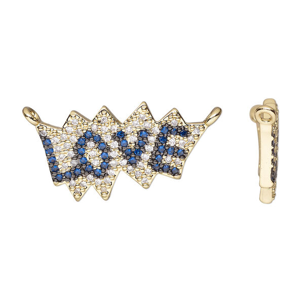 Connector, cubic zirconia and gold-finished brass, clear and dark blue, 20.5x12mm single-sided "LOVE." Sold individually. image number 0