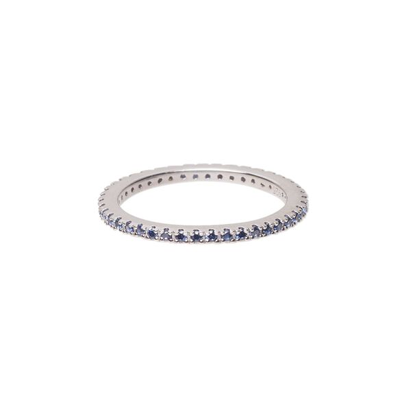 Ring, cubic zirconia and rhodium-plated sterling silver, blue, 2mm wide eternity band, size 7. Sold individually. image number 0