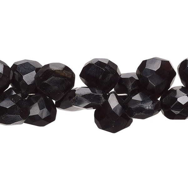 Bead, black onyx (dyed), 8-10mm hand-cut top-drilled faceted puffed teardrop with 0.4-1.4mm hole, B grade, Mohs hardness 6-1/2 to 7. Sold per 7-inch strand, approximately 50 beads. image number 0