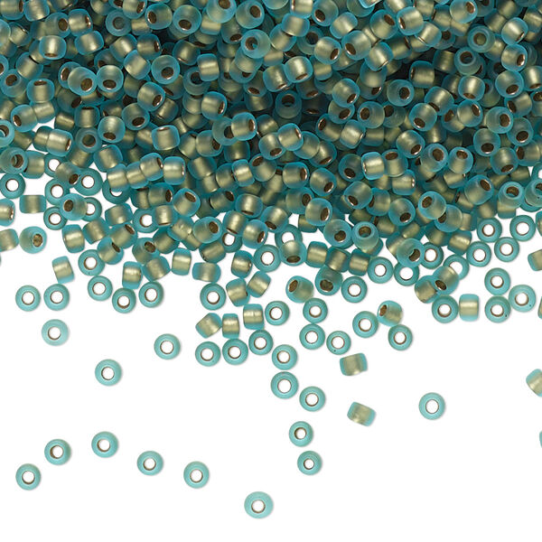 Seed bead, TOHO BEADS®, glass, pkg/50g, #11 round, translucent gold-lined frosted aqua (TR-11-995F). image number 0