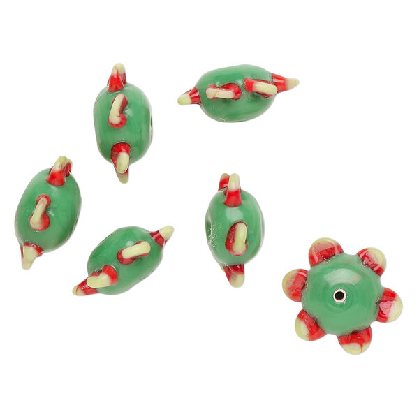 Bead, lampworked glass 1pkg6, opaque green / red, 21x10mm flower. image number 0
