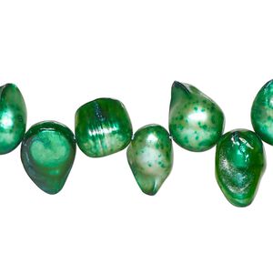 Pearl, cultured freshwater (dyed), bright green, 8x7mm-16x13mm baroque with 0.4mm hole, D grade, Mohs hardness 2-1/2 to 4. Sold per 15-inch strand.