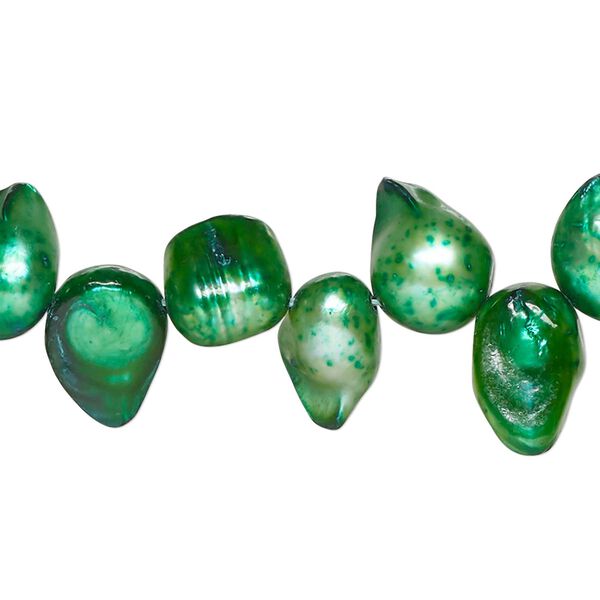 Pearl, cultured freshwater (dyed), bright green, 8x7mm-16x13mm baroque with 0.4mm hole, D grade, Mohs hardness 2-1/2 to 4. Sold per 15-inch strand. image number 0