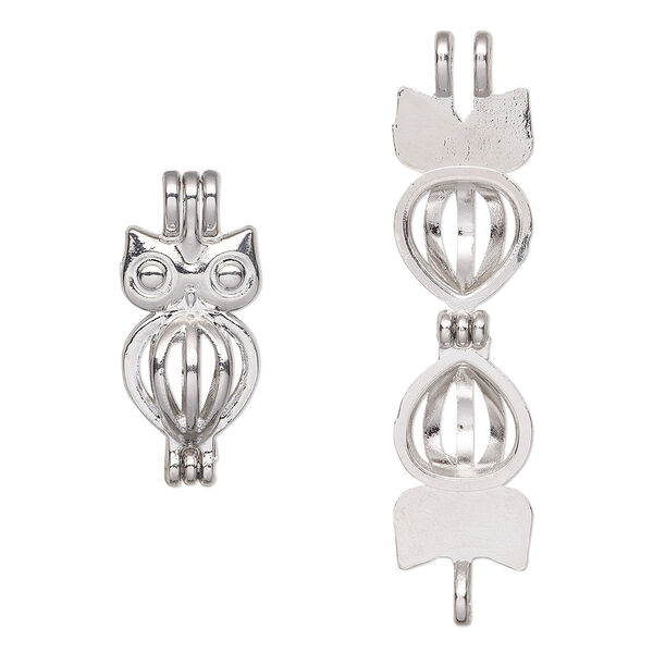 Pendant, imitation rhodium-finished "pewter" (zinc-based alloy), 26x11.5mm double-sided owl bead cage, fits up to 6mm bead. Sold individually. image number 0