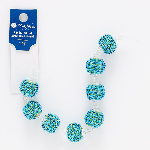 Bead, coated acrylic / glass / silver-finished "pewter" (zinc-based alloy), blue and green, 15mm round with chain. Sold per 7-inch strand. image number 0