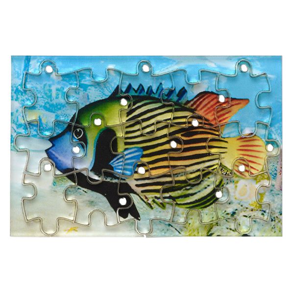Drop, acrylic, light blue / tan / multicolored, 3x2 inch puzzle with fish image and 20x15mm individual pieces. Sold per 15-piece set. image number 0