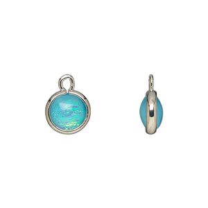 Drop, Opalized Ice™, "opal" (resin) and imitation rhodium-finished brass, opaque light blue, 9.5mm double-sided round. Sold per pkg of 6.