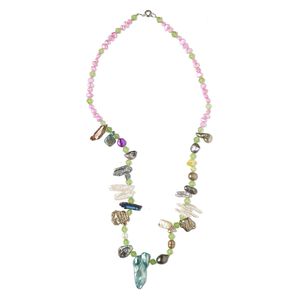 Necklace, cultured freshwater pearl (bleached / dyed) / glass / silver-finished brass / steel, mixed colors, 5x3mm-54x18mm, 18-22 inches with springring clasp. Sold individually.