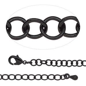 Chain 1pkg1 cable, 3.8mm round / lobster claw clasp, black-finished steel / brass 7.5 inch