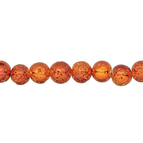 Bead, electro-coated lava rock (coated), orange, 6-7mm round. Sold per 15-1/2" to 16" strand. image number 0