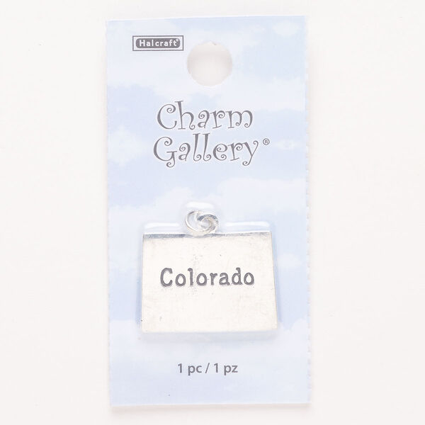 Charm, steel and enamel, pkg/1, silver finish and black, 24x18mm with "Colorado." image number 0