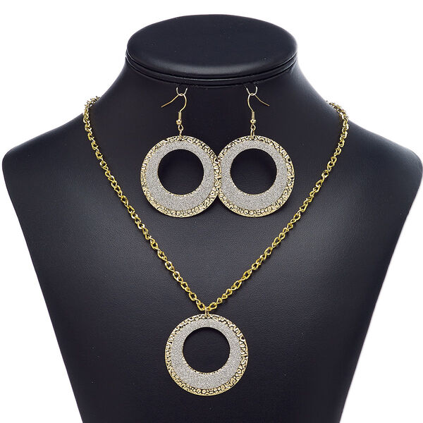 Necklace and earring set, glitter paper and gold-finished steel, silver, 42mm round go-go, 20-inch necklace with 1-1/2 inch extender chain and self-closing hook clasp, 2-1/2 inch earrings with fishhook ear wire. Sold per set. image number 0