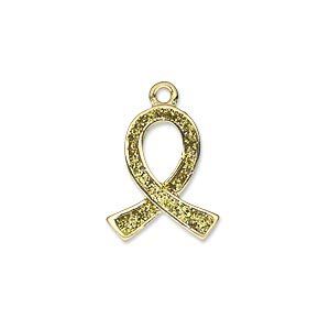 Charm, gold-finished "pewter" (zinc-based alloy) and enamel with gold-colored glitter, 18x15mm single-sided awareness ribbon. Sold individually.