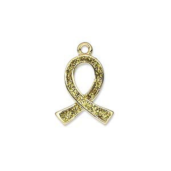 Charm, gold-finished "pewter" (zinc-based alloy) and enamel with gold-colored glitter, 18x15mm single-sided awareness ribbon. Sold individually. image number 0