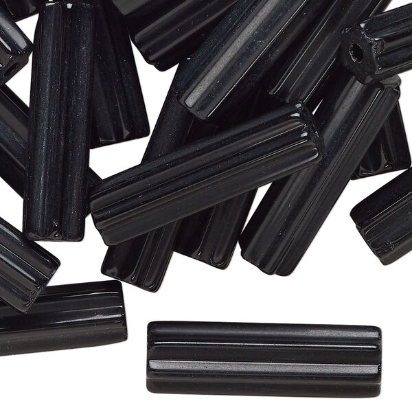 Bead, glass, opaque black, 26x7mm hexagon tube. Sold per 2-ounce pkg, approximately 30 beads. image number 0