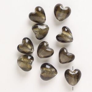 Bead, lampworked glass, pkg/10, opaque and translucent olive with silver-colored foil, 19-21mm puffed heart.