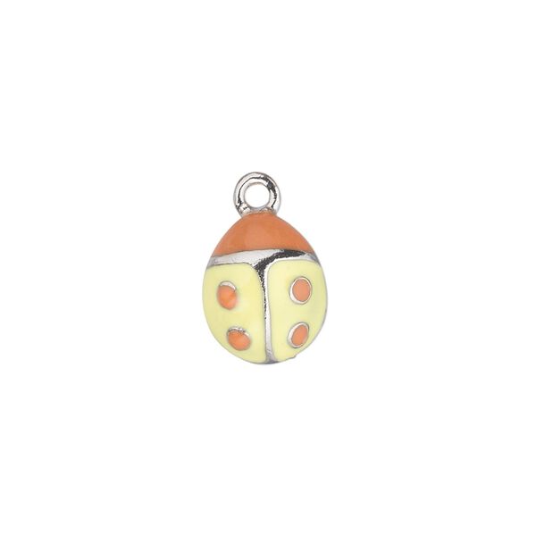Charm, antiqued pewter (tin-based alloy) with enamel, yellow, 12x10mm single-sided ladybug. Sold individually. image number 0