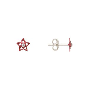 Earstud, Create Compliments®, enamel and sterling silver, red, 6mm star. Sold per pair.