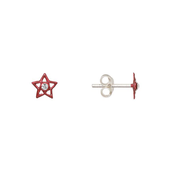 Earstud, Create Compliments®, enamel and sterling silver, red, 6mm star. Sold per pair. image number 0