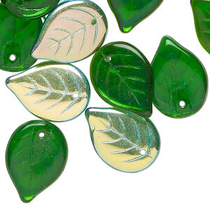 Bead 1pkg100, Czech pressed glass, emerald green AB, 18.5x14mm top-drilled leaf.