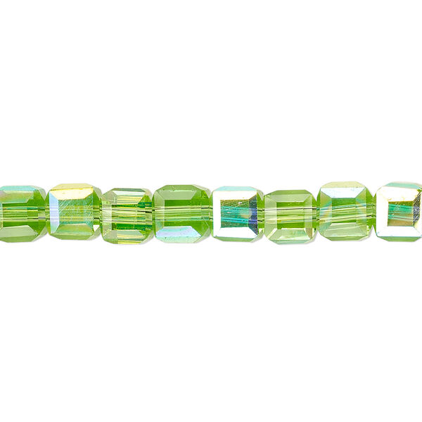 Bead 1pk 18 facets translucent green AB, Celestial Crystal® 6mm cube 15.5-16 inch image number 0
