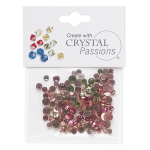 Flat back mix 1pkg144 rose / light rose / peridot, Crystal Passions&reg; rhinestone 3.0-4.8mm hotfix round SS12 / SS16 / SS20