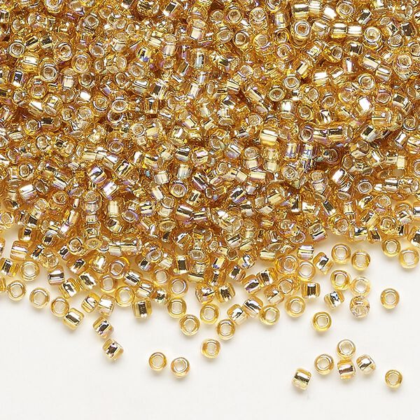Seed bead, Dyna-Mites™, glass, pkg/40g, #11 round, translucent silver-lined rainbow gold, (62R:SR 11/0 SR). image number 0