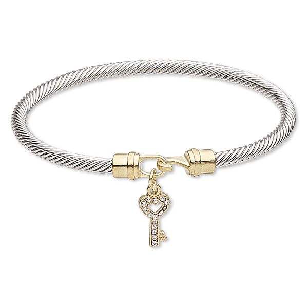 Bracelet, bangle, Czech glass rhinestone / gold-finished "pewter" (zinc-based alloy) / silver-plated brass, clear, 4mm twisted cable with 16x8mm key, 7-1/2 inches with hook-and-eye clasp. Sold individually. image number 0