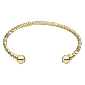 Bracelet, cuff, gold-plated brass, 3.5mm twisted wire with 8mm threaded ball end, adjustable from 7-1/2 to 8 inches. Sold individually.