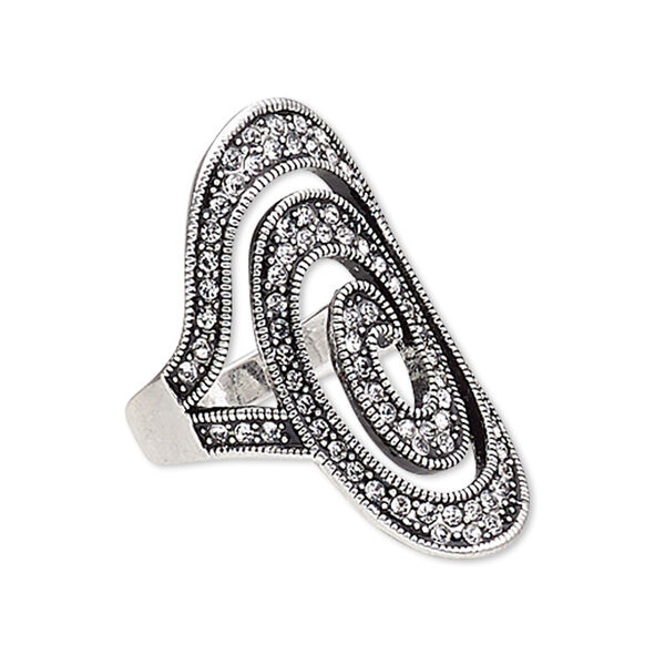 Ring, glass rhinestone and antique silver-plated "pewter" (zinc-based alloy), clear, 33x20mm oval, size 8. Sold individually. image number 0