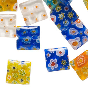 Bead mix, millefiori glass 1pkg2oz, opaque to transparent mixed colors, 12-16mm puffed square.