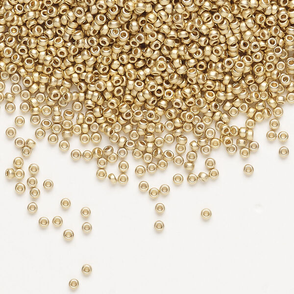 Seed bead, Miyuki, glass, pkg/250g, #15 rocaille, opaque 24Kt gold-plated matte light (RR-193F). image number 0