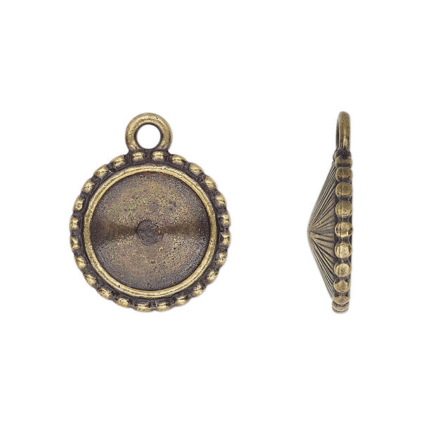Drop, Almost Instant Jewelry® and TierraCast®, antique brass-plated pewter (tin-based alloy), 17mm round with beaded edge and 12mm rivoli glue-in setting. Sold per pkg of 2. image number 0