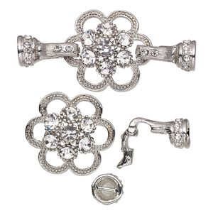 Clasp fold-over 1pkg1 silver-plated "pewter" (zinc alloy), 48x23mm flower / double latch / fits 4.7mm cord, clear rhinestone 1-strand