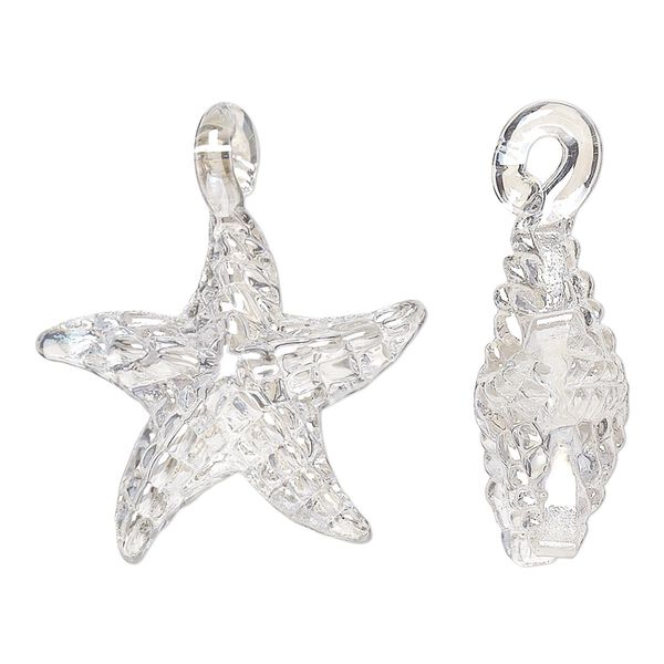 Pendant, lampworked glass, clear luster, 30x24mm double-sided starfish. Sold per pkg of 2. image number 0