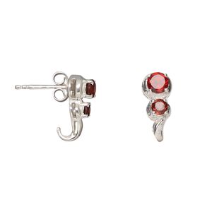 Earstud, garnet (natural) and sterling silver, 14mm with 4mm and 3mm faceted round with post. Sold per pair.
