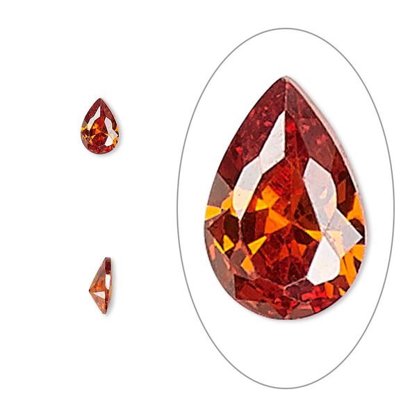 Gem, cubic zirconia, ruby red, 6x4mm faceted pear, Mohs hardness 8-1/2. Sold per pkg of 2. image number 0