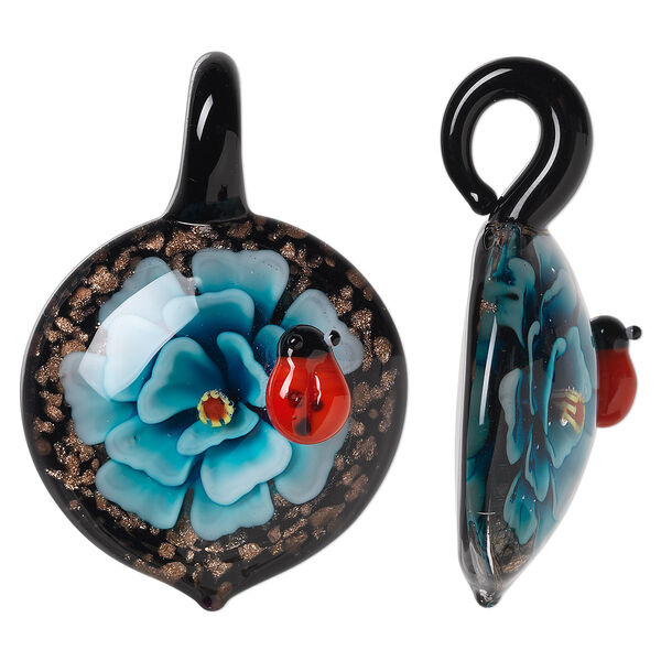 Pendant, lampworked glass, light blue and multicolored with copper-colored foil, 50x34mm single-sided domed round with flower and ladybug design. Sold individually. image number 0