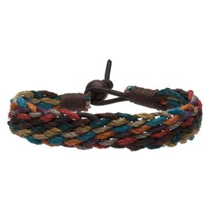 Bracelet, leather / bone (dyed) / flax / waxed cotton cord, multicolored, 16mm wide braided, 7 inches with button clasp. Sold individually.