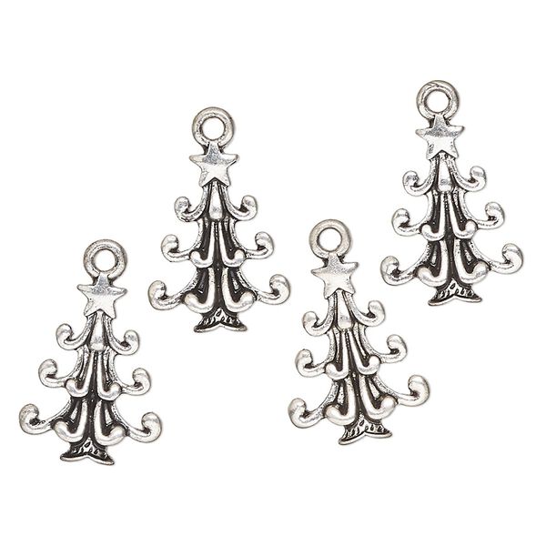 Charm, antique silver-finished "pewter" (zinc-based alloy), 19x14mm single-sided Christmas tree. Sold per pkg of 4. image number 0
