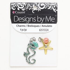 Charm and drop 1pkg4, gold- and silver-finished brass and steel / enamel / plastic, pink / teal / clear, 13mm round / 16x15mm single-sided clam / 24x22mm single-sided starfish / 36x19mm single-sided seahorse.