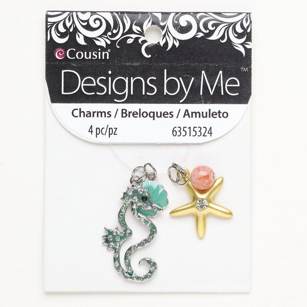 Charm and drop 1pkg4, gold- and silver-finished brass and steel / enamel / plastic, pink / teal / clear, 13mm round / 16x15mm single-sided clam / 24x22mm single-sided starfish / 36x19mm single-sided seahorse. image number 0