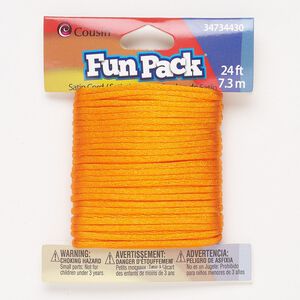 Cord, satin, orange, 2mm round. Sold per 24-foot pkg.