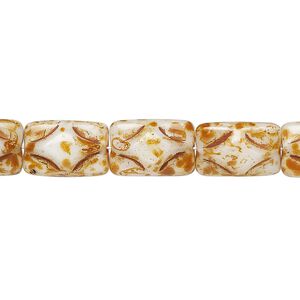 Bead, Czech pressed glass, opaque brown and white, 13x8mm puffed rectangle. Sold per 14-inch strand, approximately 30 beads.