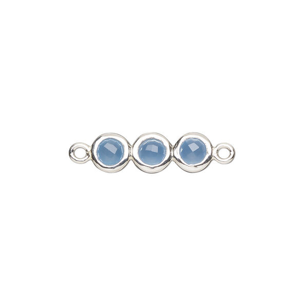 Link, sterling silver and chalcedony (dyed), blue, 18x6mm double-sided overall with 6mm faceted round, Mohs hardness 6-1/2 to 7. Sold individually. image number 0