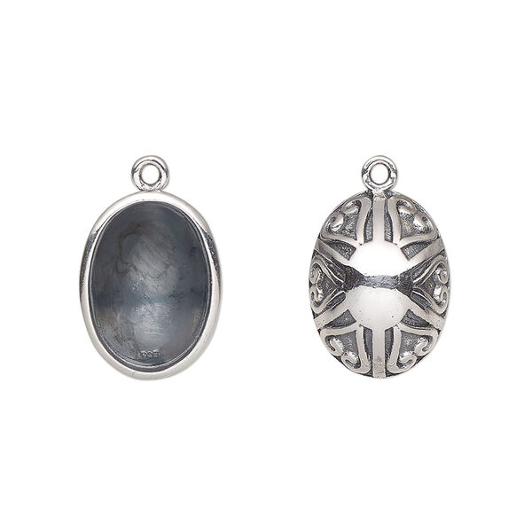 Drop, Almost Instant Jewelry®, antiqued sterling silver, 16x11.5mm oval with 14x10mm oval setting and filigree sunburst design. Sold individually. image number 0