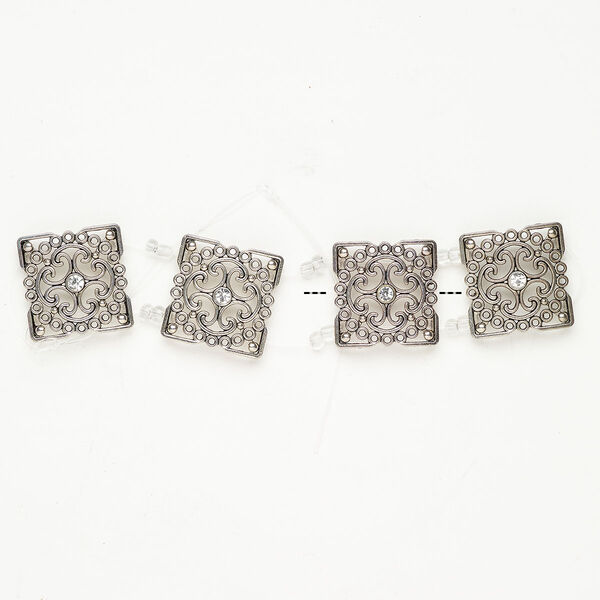 Bead spacer 1pkg4 brass / glass rhinestone, 27-28mm 2-strand fancy square / hidden loop fits up to 18.5mm beads, antique silver finish / clear image number 0