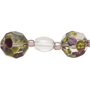 Bead, lampworked glass, translucent and transparent clear / dark green / dark purple, 13mm faceted round and 8mm oval. Sold per 8-inch strand, approximately 13 beads.