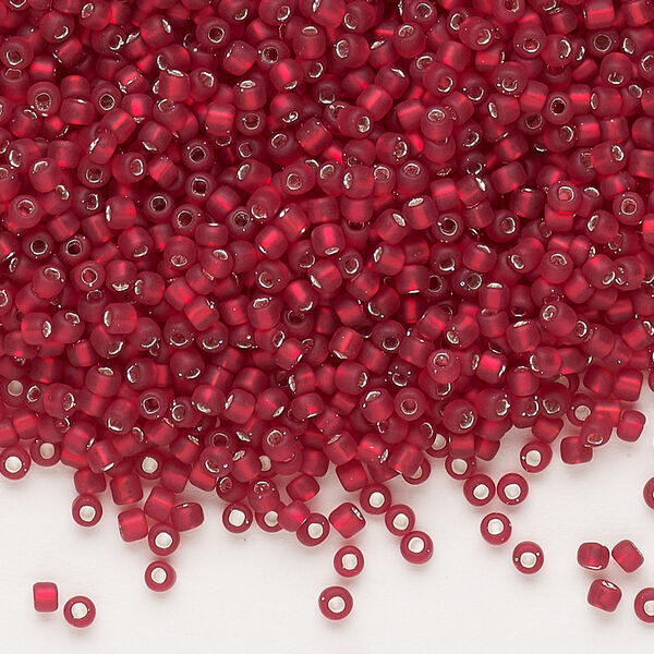 Seed bead, Dyna-Mites™, glass, pkg/40g, #11 round, translucent silver-lined matte ruby red, (68MA:SR 11/0 SR). image number 0